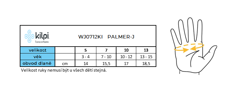 Kilpi Palmer J - velikostní tabulka